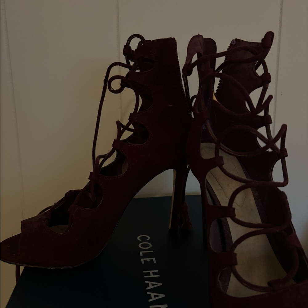 Elegant Burgundy Lace-Up Heels - Picture 3 of 5